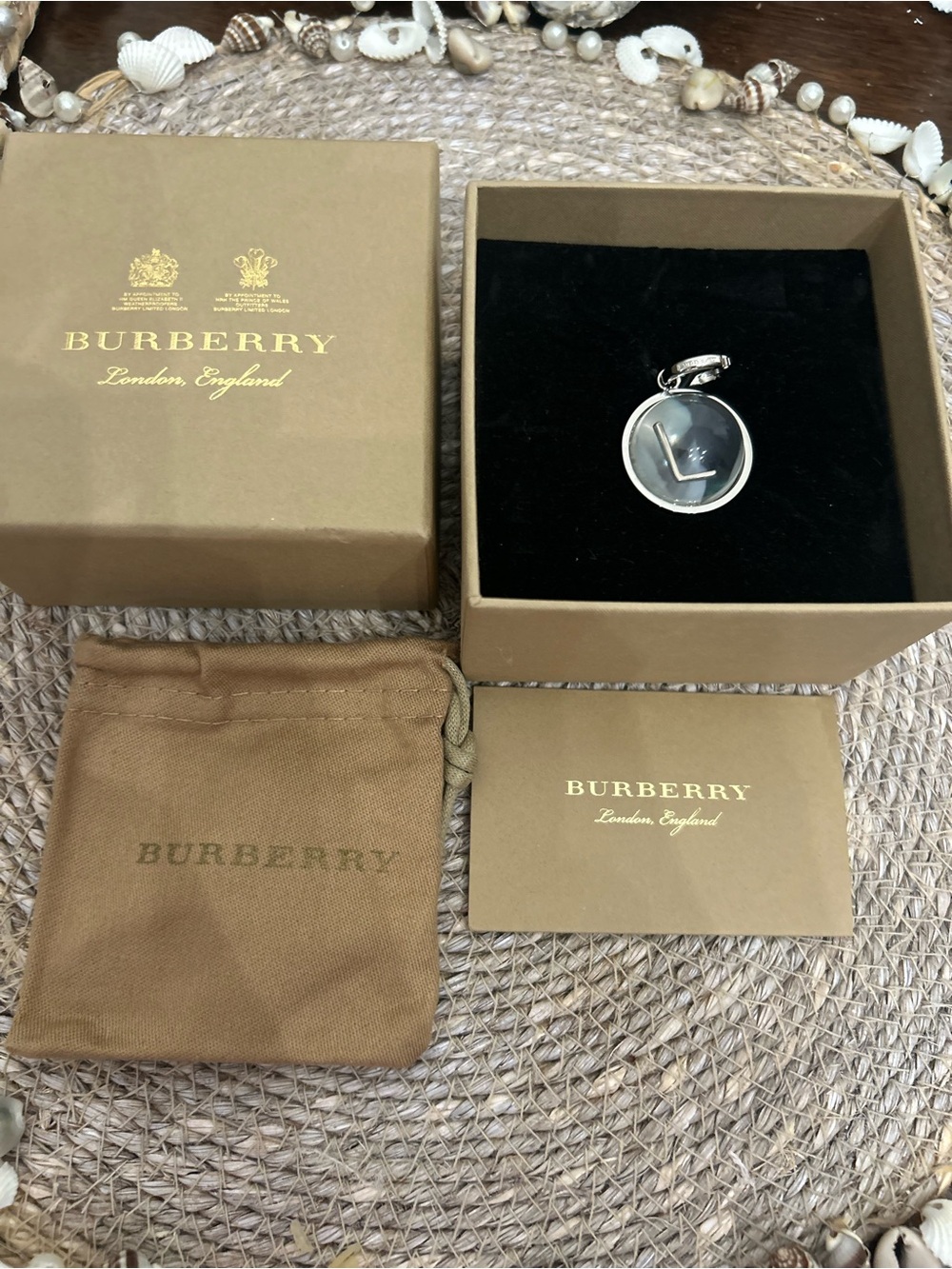 Burberry Silver and Clear Round Pendant Charm Initial L